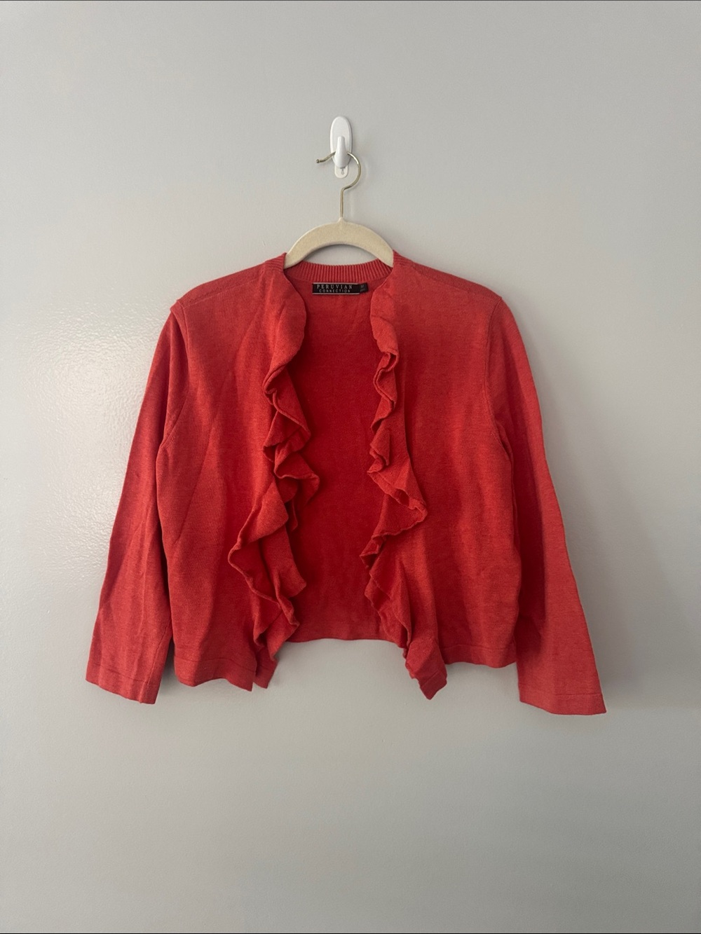 Peruvian Connection Coral Ruffle-Trim Open Front Cardigan Size Medium